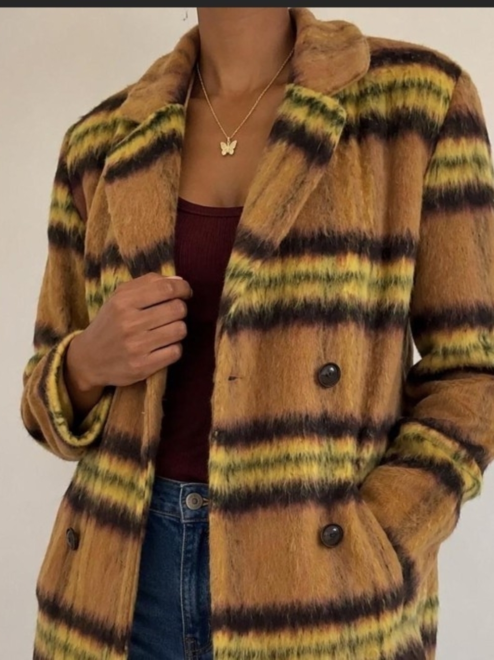 Retro 70s Fuzzy Plaid Faux Fur Pea Coat Vigoss XL